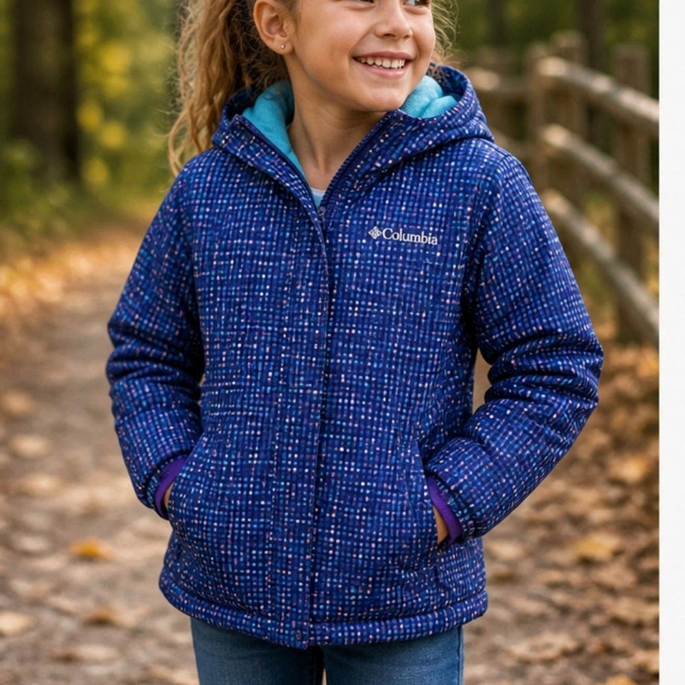 Columbia Girls Hooded Jacket Blue Multi Color Lightweight Fleece Lined Size S